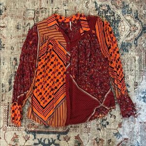 Free People Colorful Patchwork Button-Up Blouse